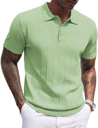 Men's Ribbed Knit Polo Shirt - Short Sleeve Textured Collared Top, Lightweight for Golf and Casual Evenings - Black