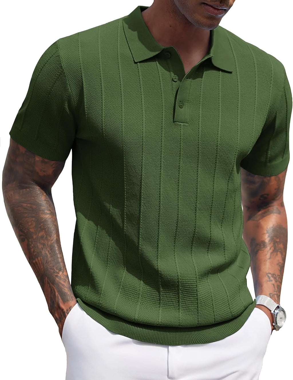 Men's Ribbed Knit Polo Shirt - Short Sleeve Textured Collared Top, Lightweight for Golf and Casual Evenings - Army Green