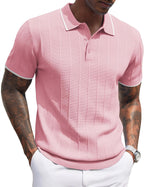Men's Ribbed Knit Polo Shirt - Short Sleeve Textured Collared Top, Lightweight for Golf and Casual Evenings - Light Blue