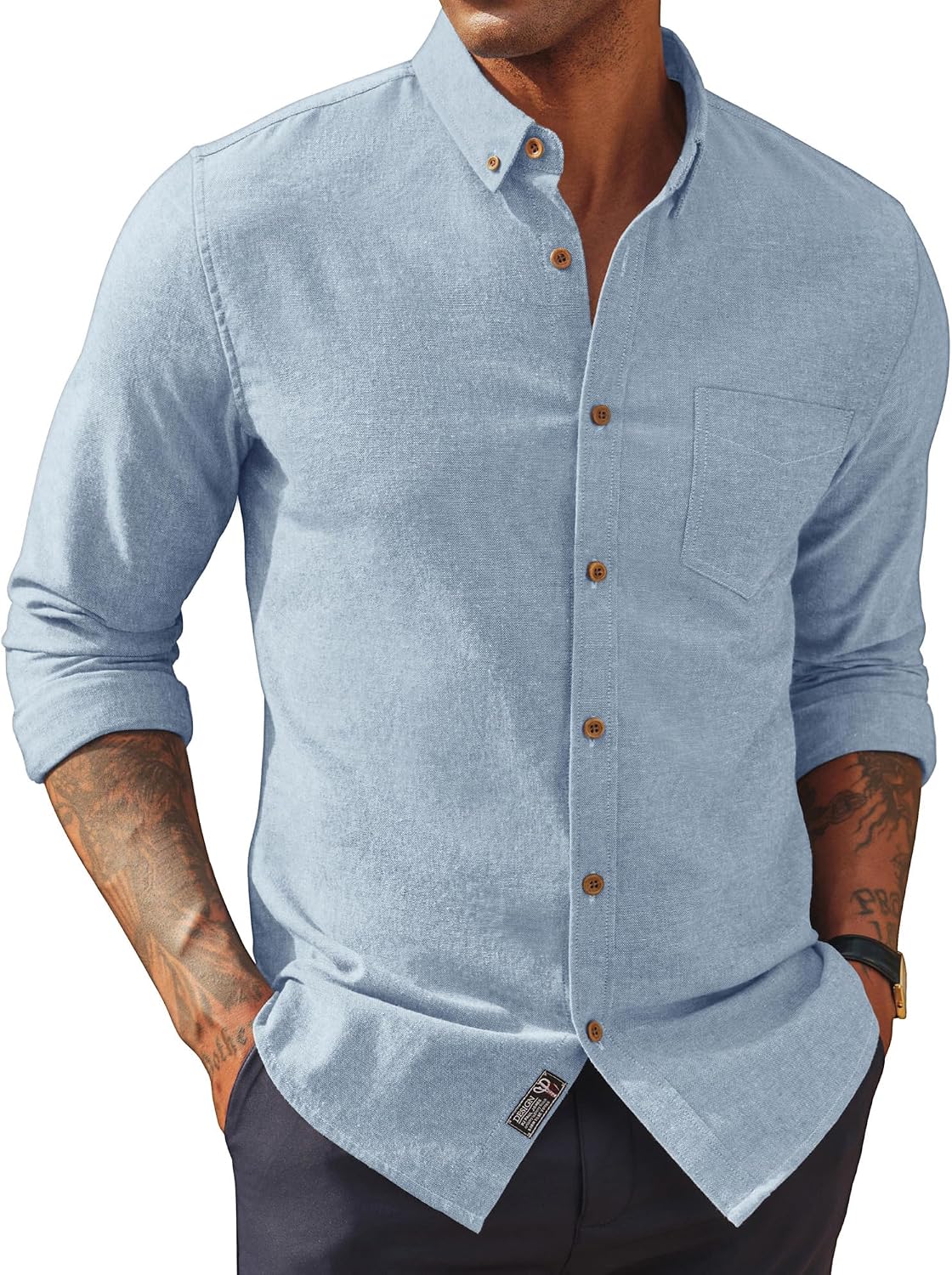 Men's Cotton Linen Button Down Shirt - Long Sleeve Classic Fit Untucked Top with Chest Pocket for Summer - Medium