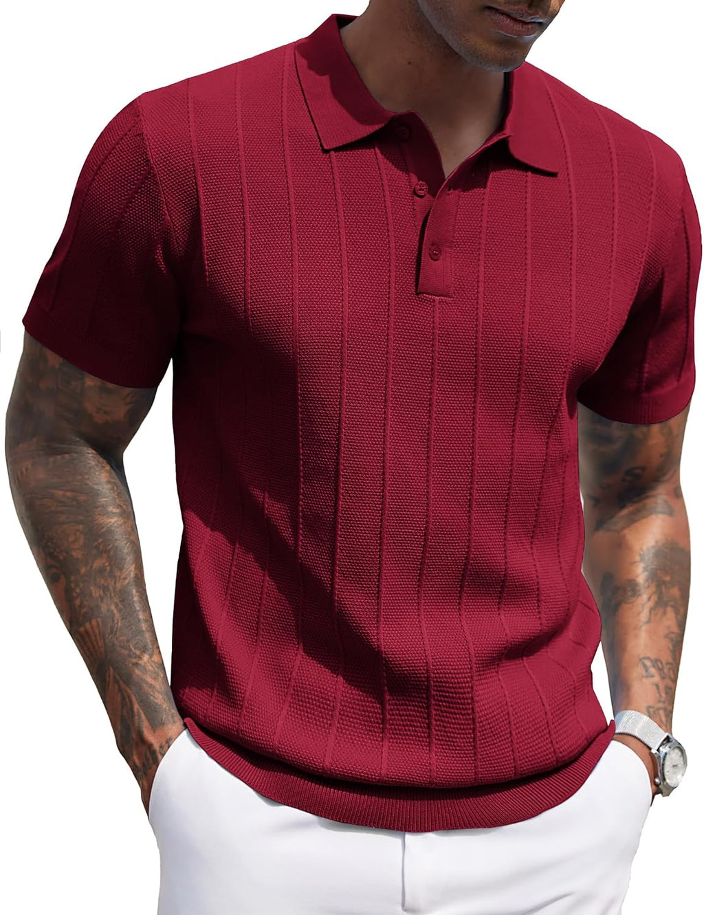 Men's Ribbed Knit Polo Shirt - Short Sleeve Textured Collared Top, Lightweight for Golf and Casual Evenings - Army Green