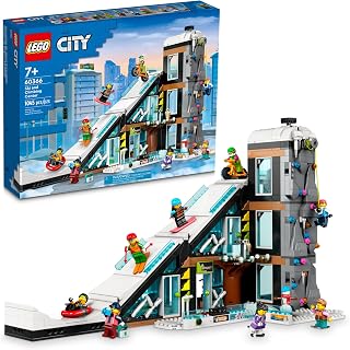 City Ski and Climbing Center Building Toy Set, 3-Level Building with a Ski Slope, 8 Minifigures and 2 Animal Figures for Imag