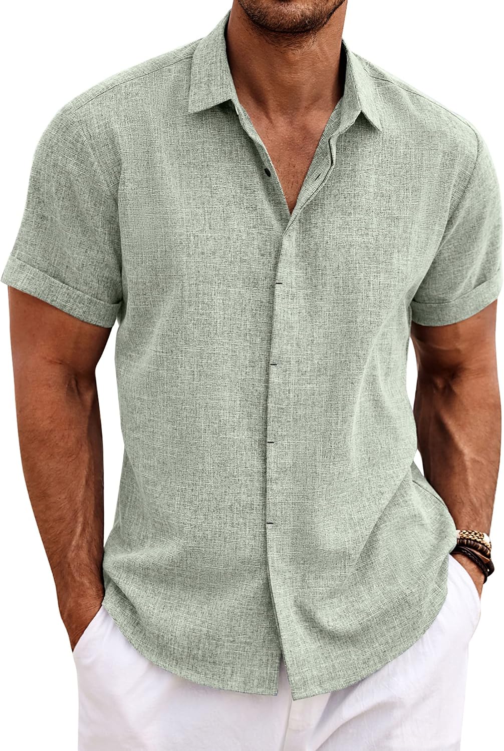 Men's Linen Blend Short Sleeve Shirt - Button Down Casual Fit, Lightweight and Breathable for Summer Beach Weddings - Me