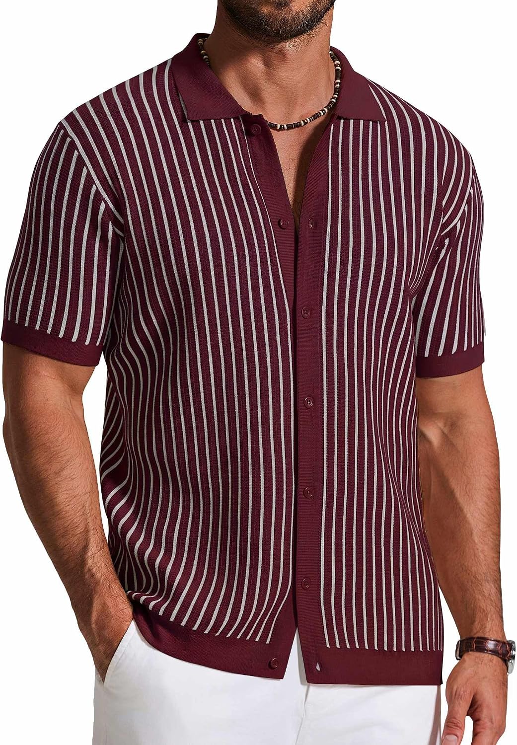 Men's Striped Knit Button Down Shirt - Short Sleeve Vintage Polo Style Top for Casual Summer Evenings - Medium