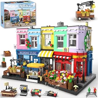 Colorful City Market Building Block Set, London Architecture Main Street Building set with Recording Studio, Coffee Shop, Bak
