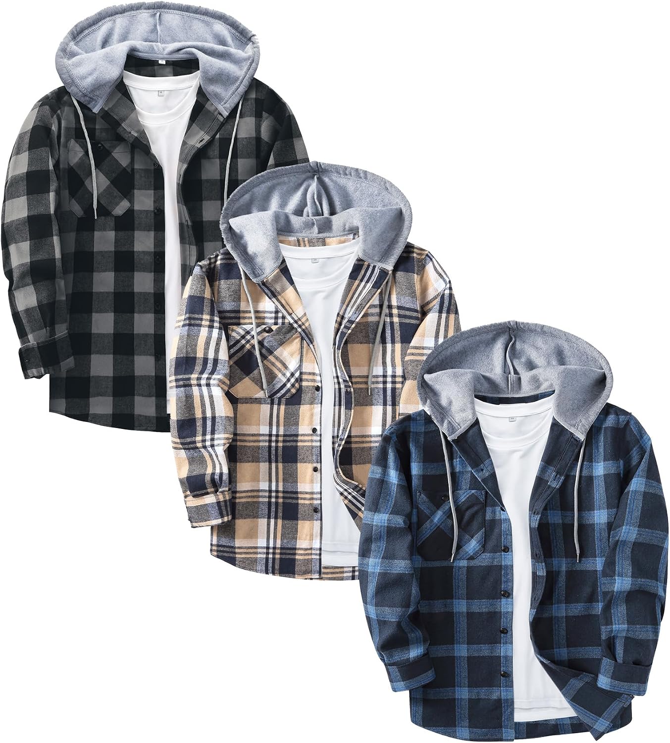 Men's Plaid Flannel Hooded Shirt 3-Pack - Long Sleeve Button Down Tops with Chest Pocket for Cold Weather Work - Blackre
