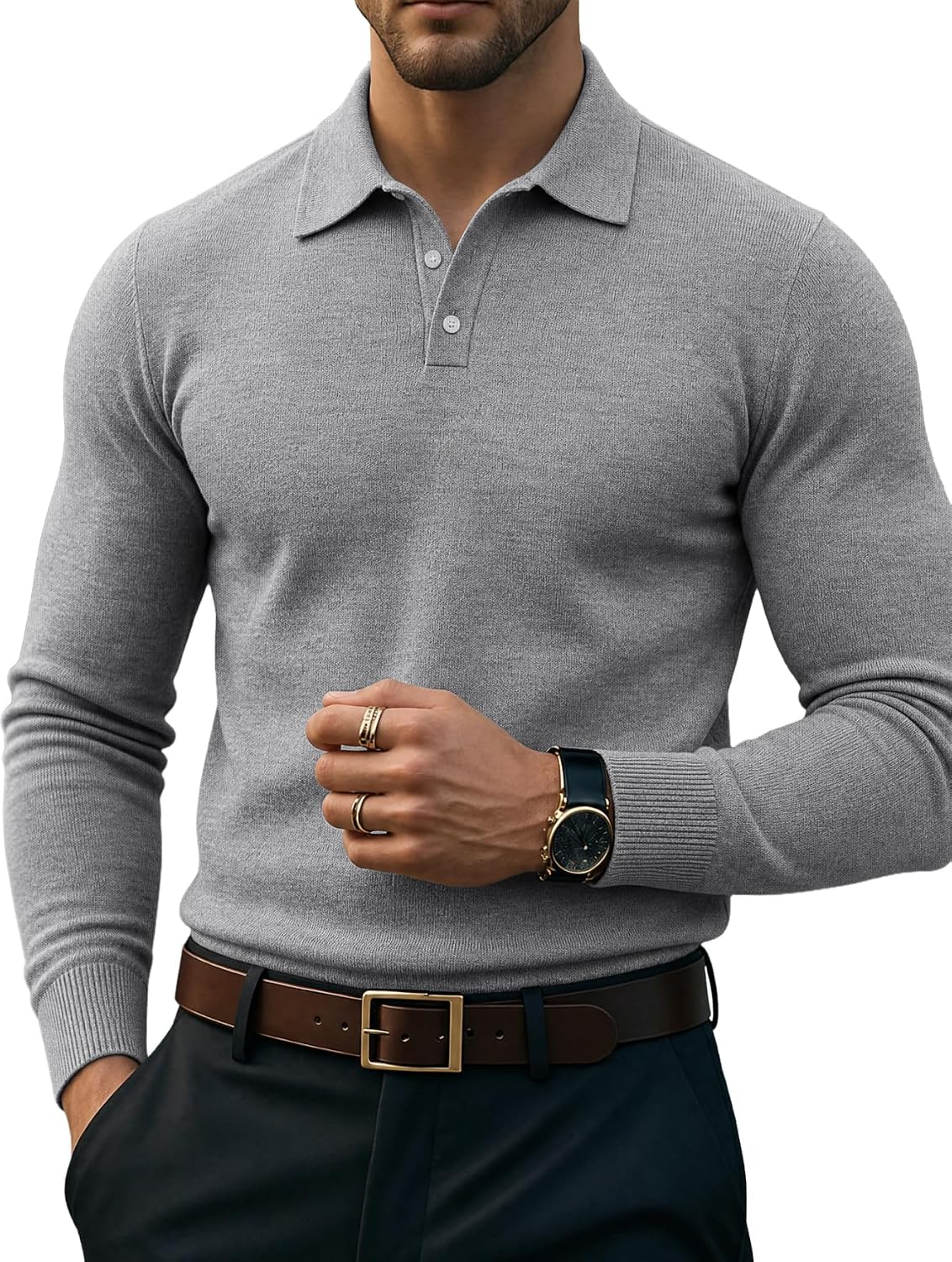 Men's Knit Polo Sweater - Long Sleeve Classic Golf Shirt with a Ribbed Collar for Cool Rounds and Office Days - Black (6