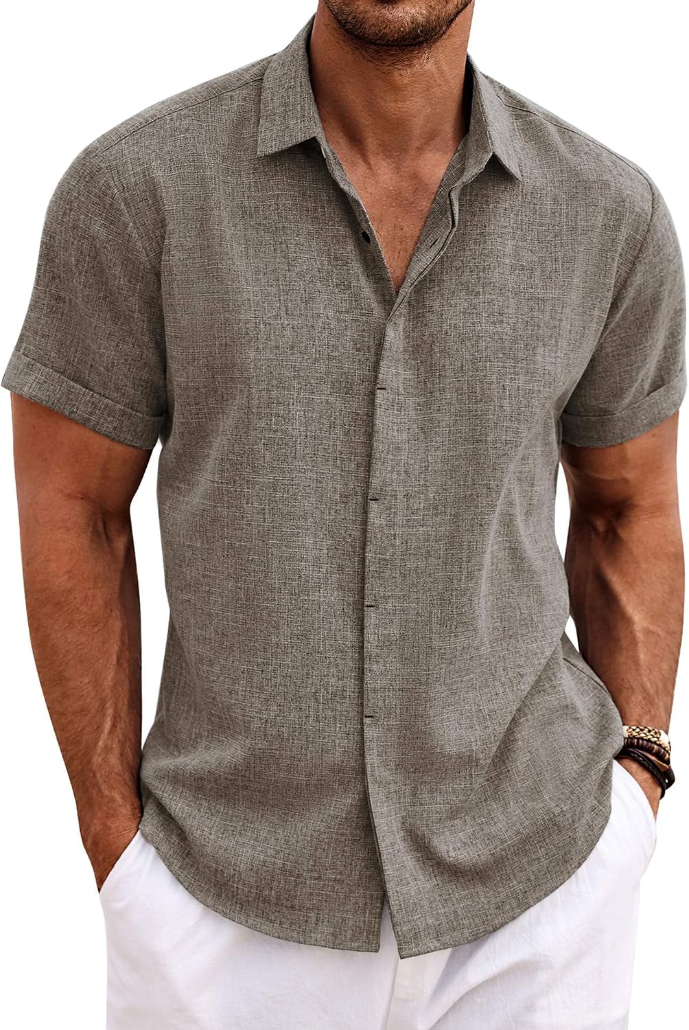 Men's Linen Blend Short Sleeve Shirt - Button Down Casual Fit, Lightweight and Breathable for Summer Beach Weddings - Sm