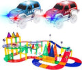 PicassoTiles 80 Piece Race Car Track Building Block Educational Toy Set Magnetic Tiles Magnet DIY Playset 2 Light Up Car STEM