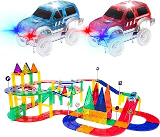 PicassoTiles 80 Piece Race Car Track Building Block Educational Toy Set Magnetic Tiles Magnet DIY Playset 2 Light Up Car STEM
