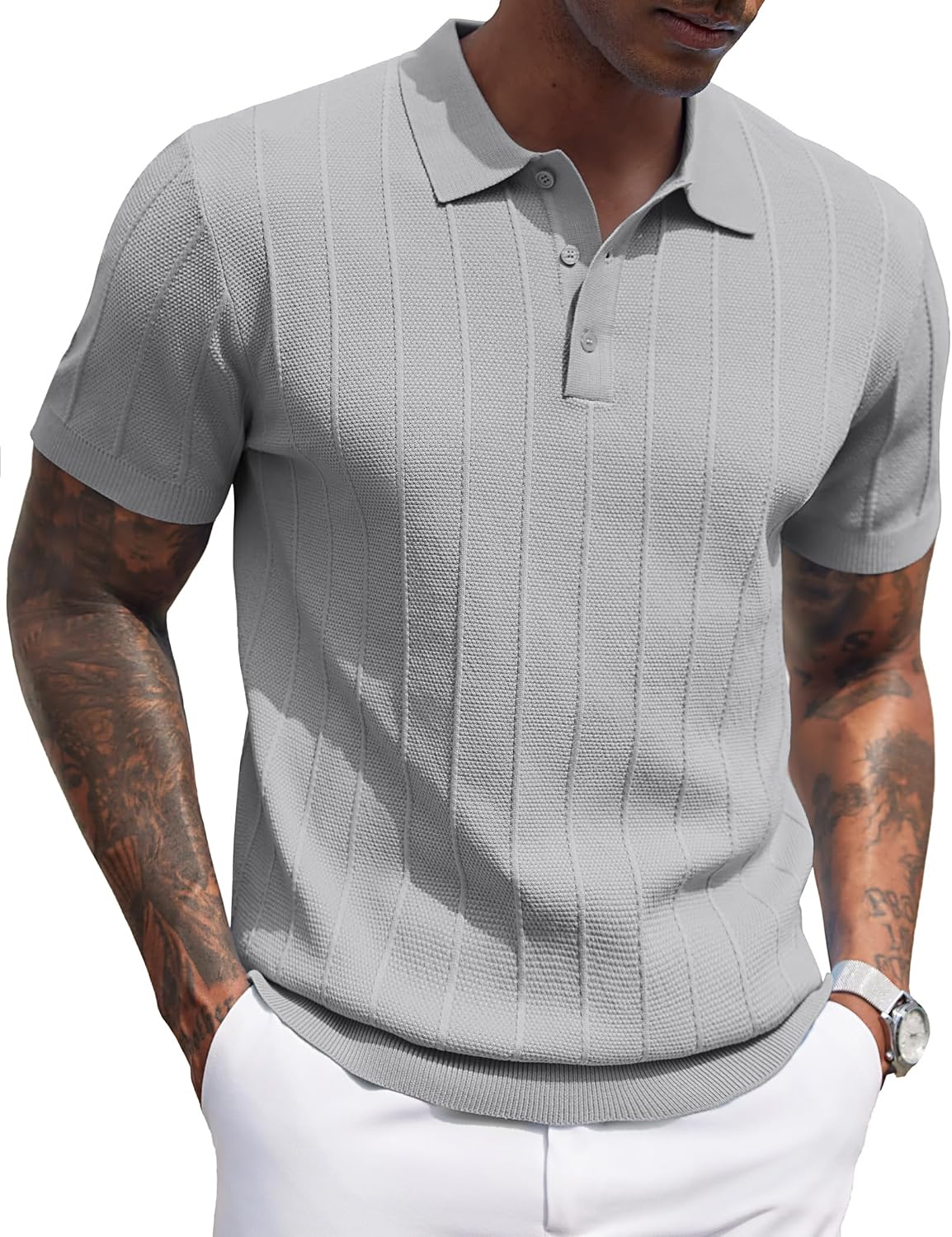 Men's Ribbed Knit Polo Shirt - Short Sleeve Textured Collared Top, Lightweight for Golf and Casual Evenings - Light Blue