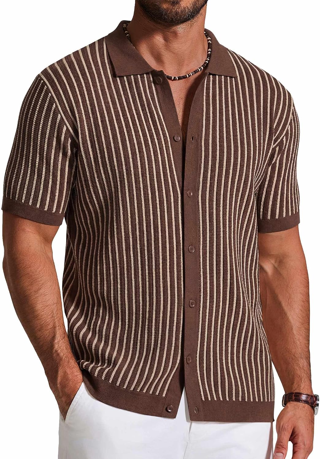 Men's Striped Knit Button Down Shirt - Short Sleeve Vintage Polo Style Top for Casual Summer Evenings - Small