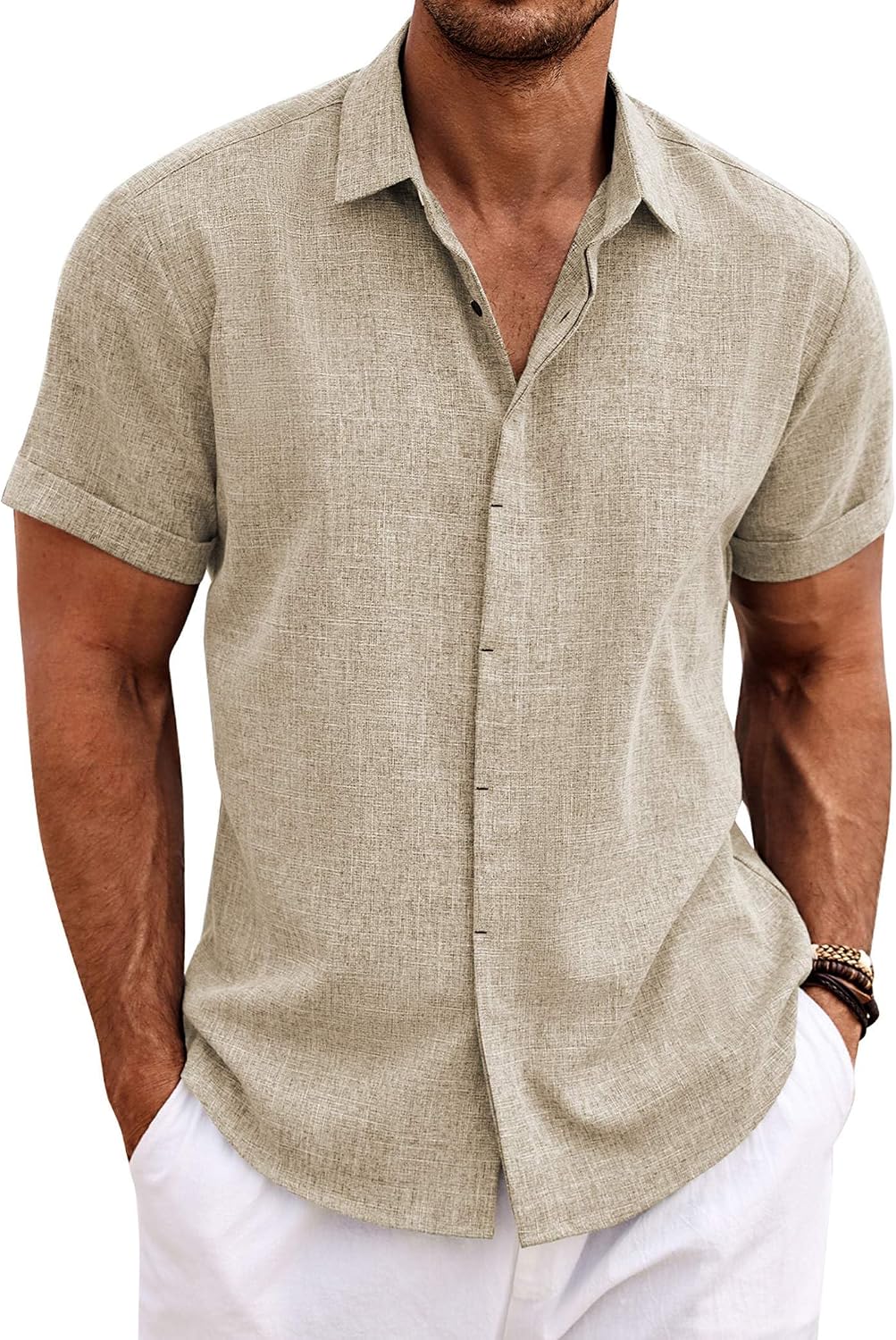 Men's Linen Blend Short Sleeve Shirt - Button Down Casual Fit, Lightweight and Breathable for Summer Beach Weddings - La