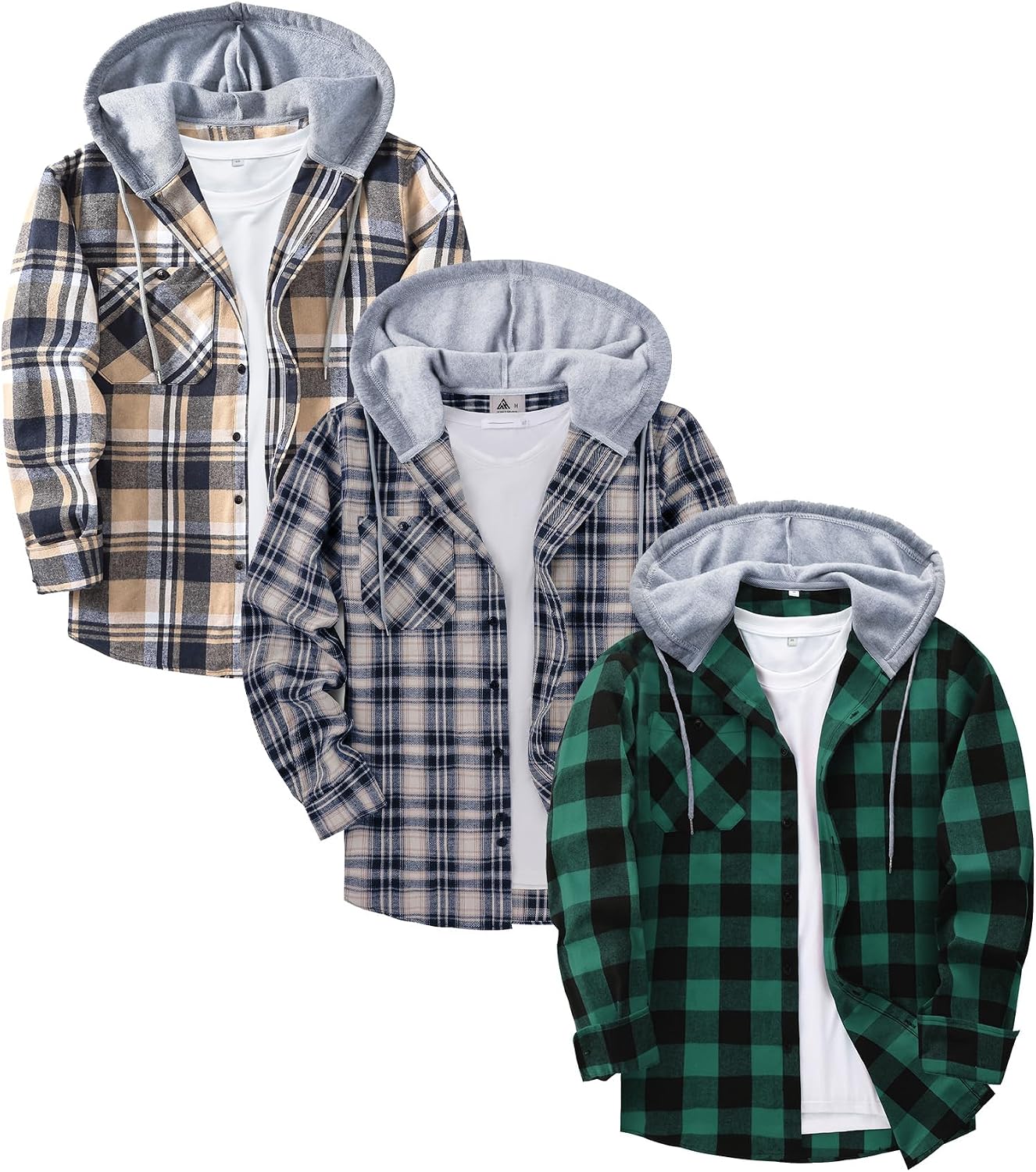 Men's Plaid Flannel Hooded Shirt 3-Pack - Long Sleeve Button Down Tops with Chest Pocket for Cold Weather Work - Blackre