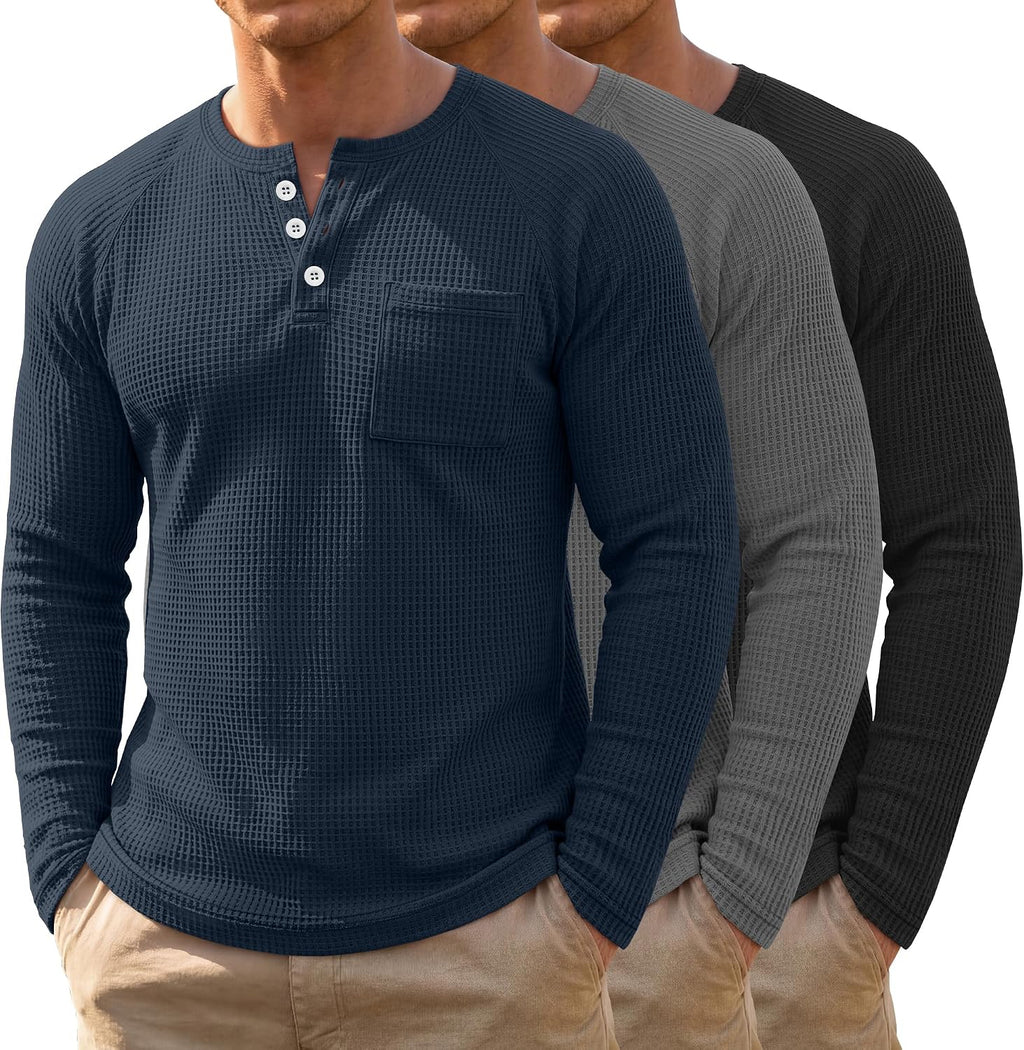 Men's Waffle Knit Henley 3-Pack - Long Sleeve Slim Fit Pullover Shirts with Raglan Sleeves and a Chest Pocket - Small