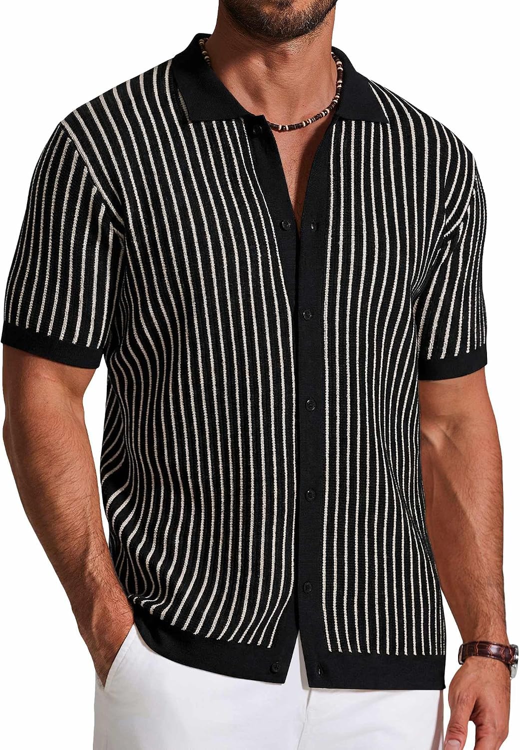 Men's Striped Knit Button Down Shirt - Short Sleeve Vintage Polo Style Top for Casual Summer Evenings - Small