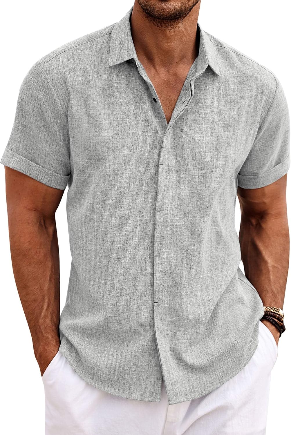 Men's Linen Blend Short Sleeve Shirt - Button Down Casual Fit, Lightweight and Breathable for Summer Beach Weddings - La