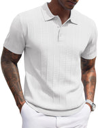 Men's Ribbed Knit Polo Shirt - Short Sleeve Textured Collared Top, Lightweight for Golf and Casual Evenings - Light Blue