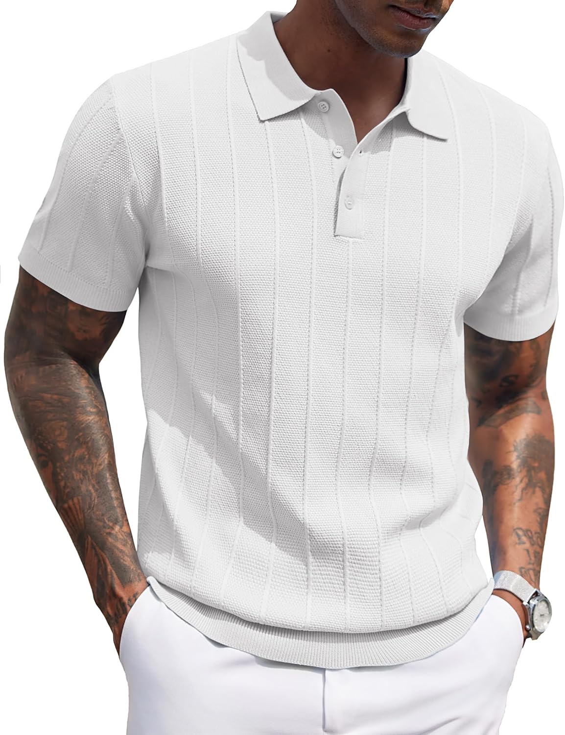 Men's Ribbed Knit Polo Shirt - Short Sleeve Textured Collared Top, Lightweight for Golf and Casual Evenings - Light Blue