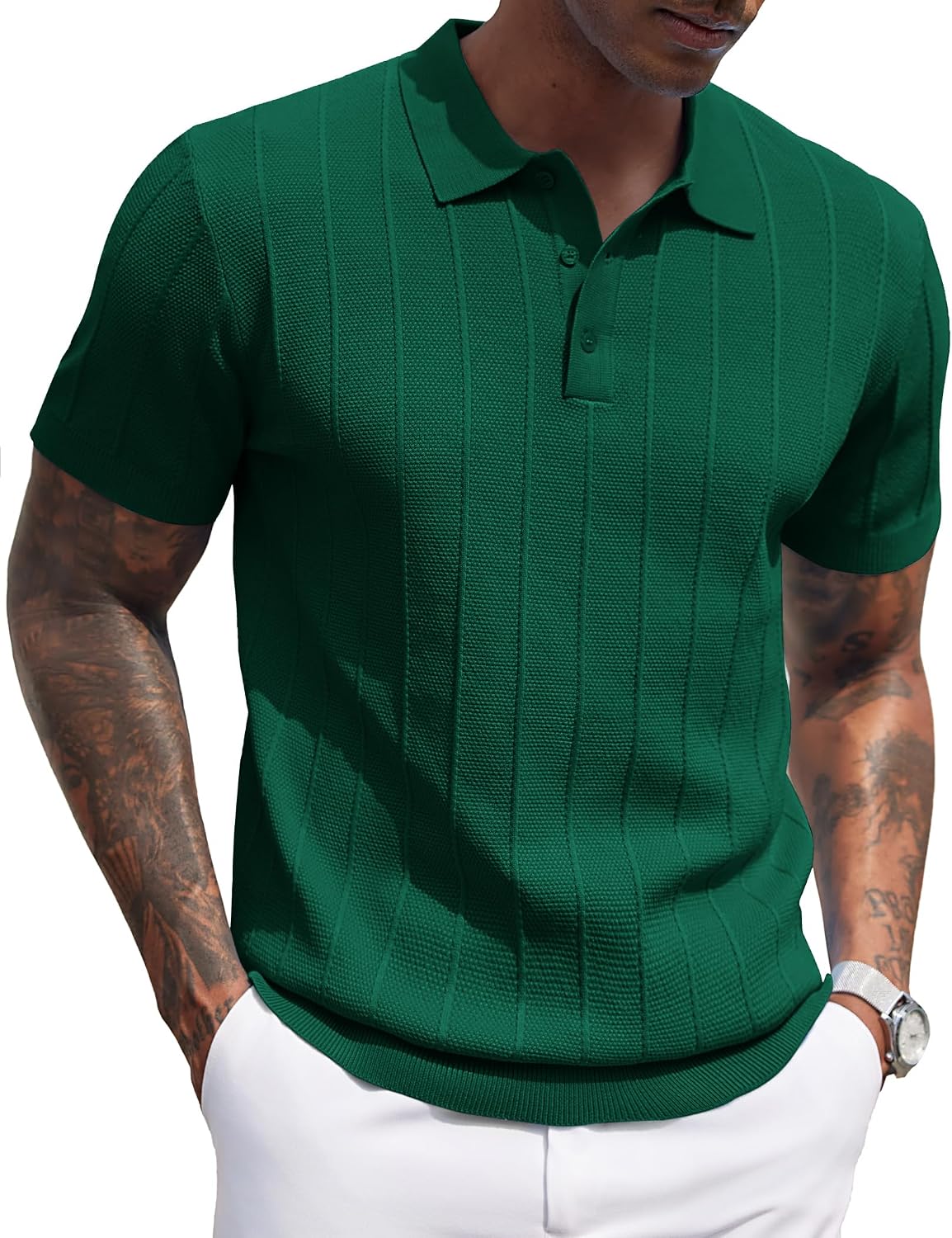 Men's Ribbed Knit Polo Shirt - Short Sleeve Textured Collared Top, Lightweight for Golf and Casual Evenings - Light Blue