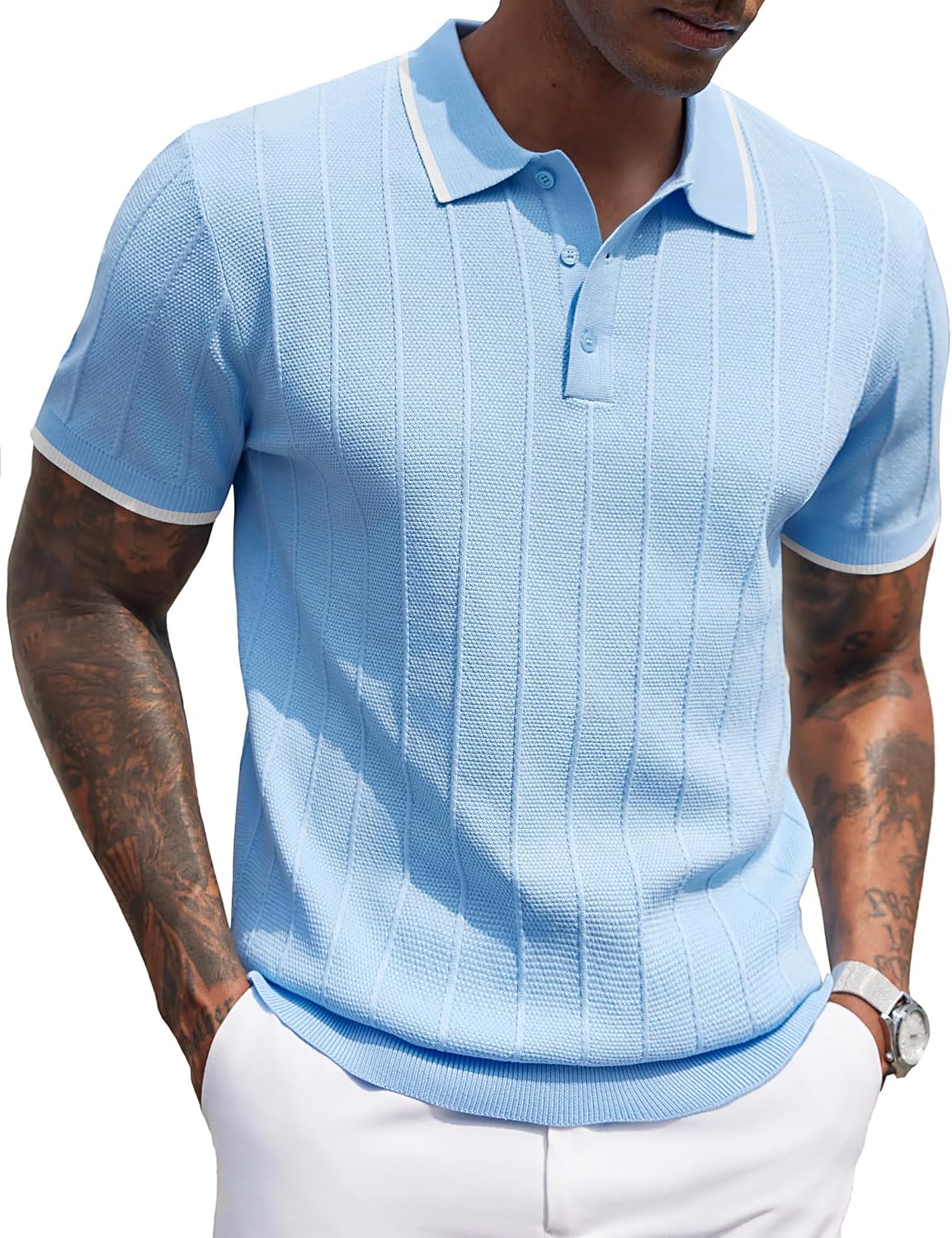 Men's Ribbed Knit Polo Shirt - Short Sleeve Textured Collared Top, Lightweight for Golf and Casual Evenings - Light Blue