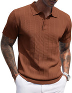 Men's Ribbed Knit Polo Shirt - Short Sleeve Textured Collared Top, Lightweight for Golf and Casual Evenings - Black
