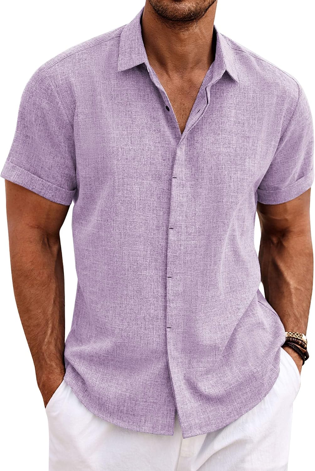 Men's Linen Blend Short Sleeve Shirt - Button Down Casual Fit, Lightweight and Breathable for Summer Beach Weddings - La