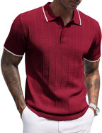 Men's Ribbed Knit Polo Shirt - Short Sleeve Textured Collared Top, Lightweight for Golf and Casual Evenings - Black