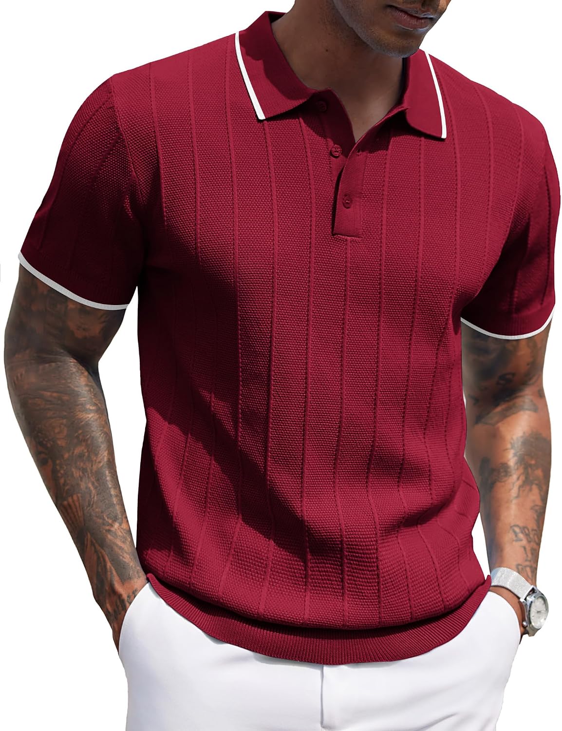 Men's Ribbed Knit Polo Shirt - Short Sleeve Textured Collared Top, Lightweight for Golf and Casual Evenings - Black