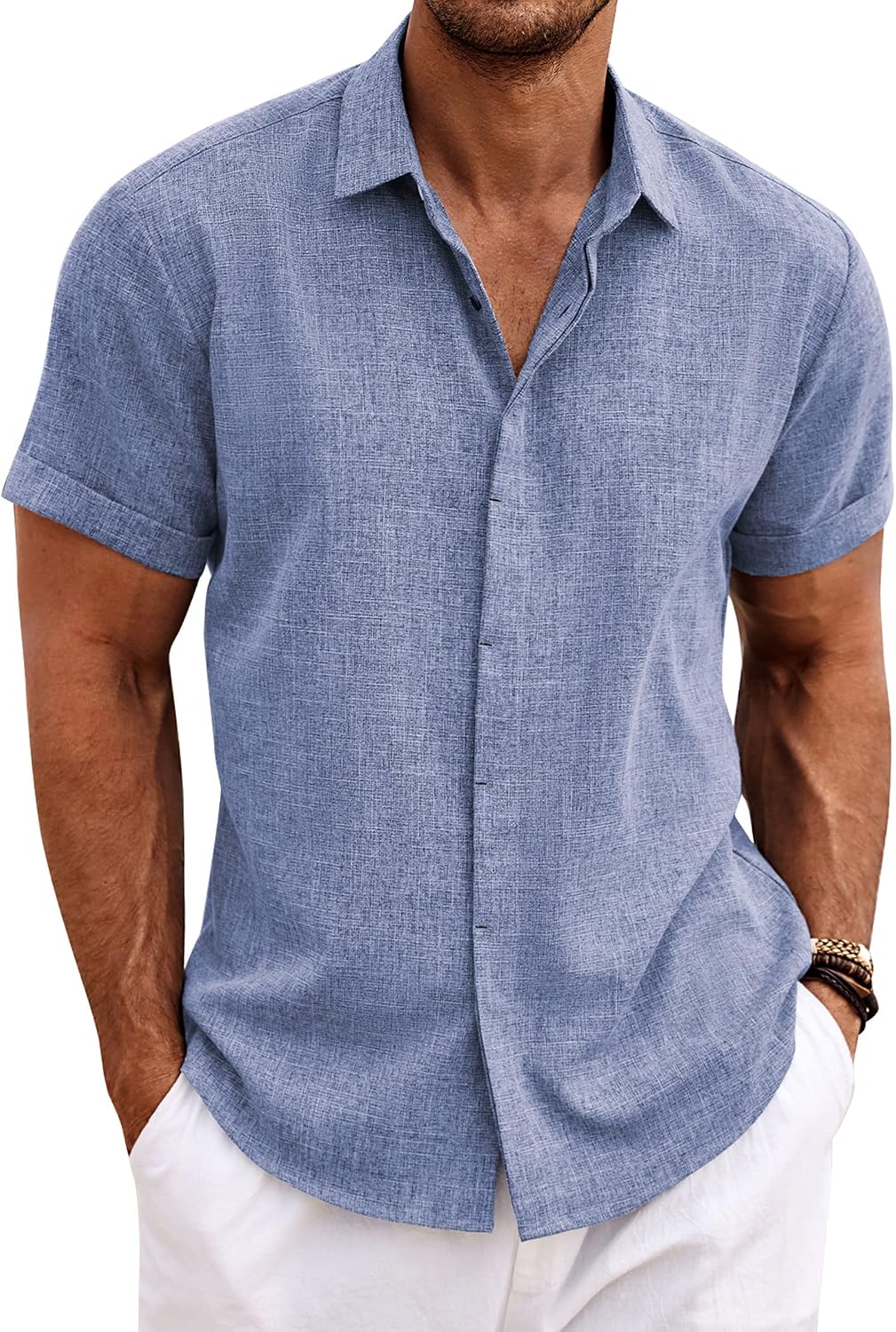 Men's Linen Blend Short Sleeve Shirt - Button Down Casual Fit, Lightweight and Breathable for Summer Beach Weddings - La