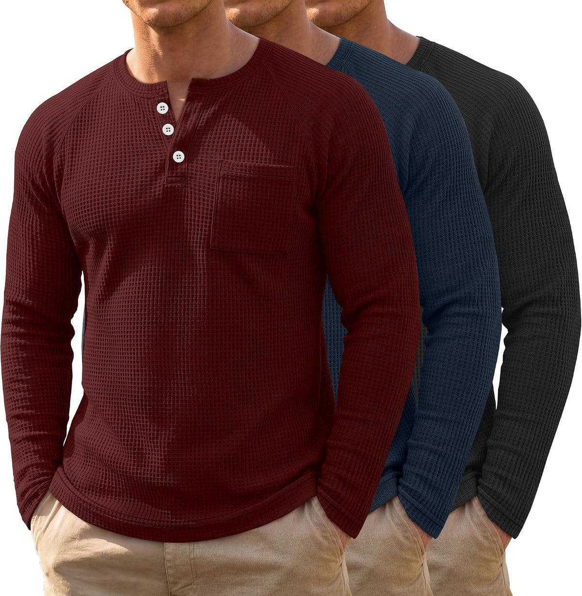 Men's Waffle Knit Henley 3-Pack - Long Sleeve Slim Fit Pullover Shirts with Raglan Sleeves and a Chest Pocket - Small