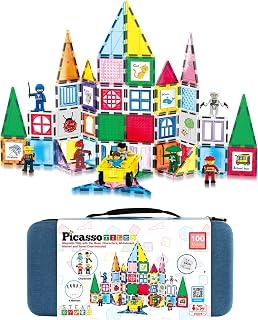 PicassoTiles 100PC Magnetic Tiles Construction Building with Carrying Case Included Block Set with Car, 8 Sets of Characters 