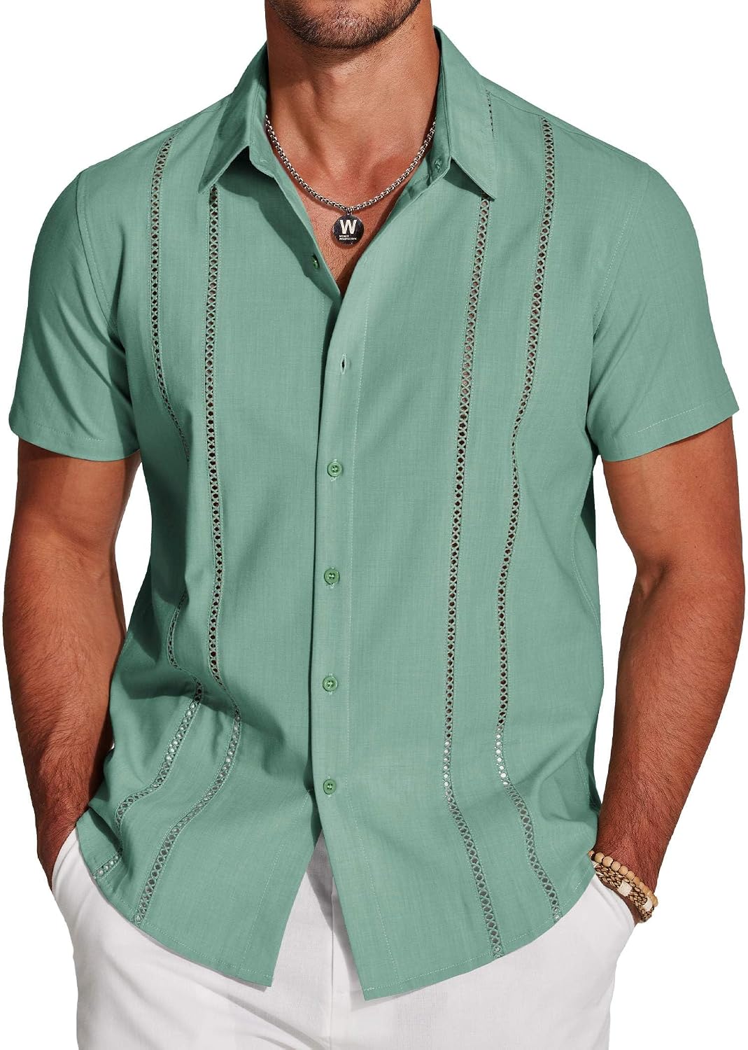 Men's Cuban Guayabera Shirt - Short Sleeve Linen Blend Button Down Casual Top for Summer Beach and Resort Days - White (