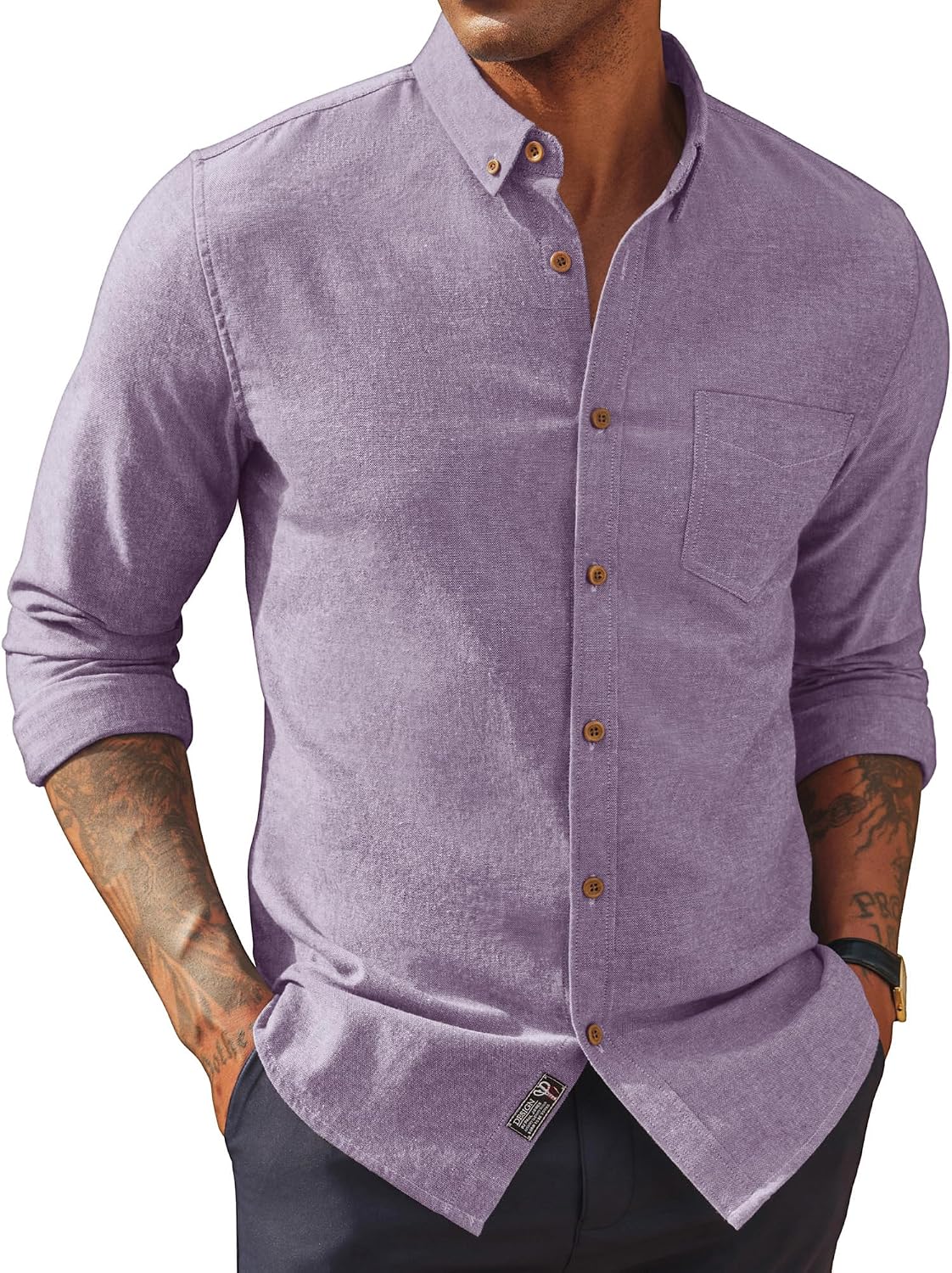 Men's Cotton Linen Button Down Shirt - Long Sleeve Classic Fit Untucked Top with Chest Pocket for Summer - Medium