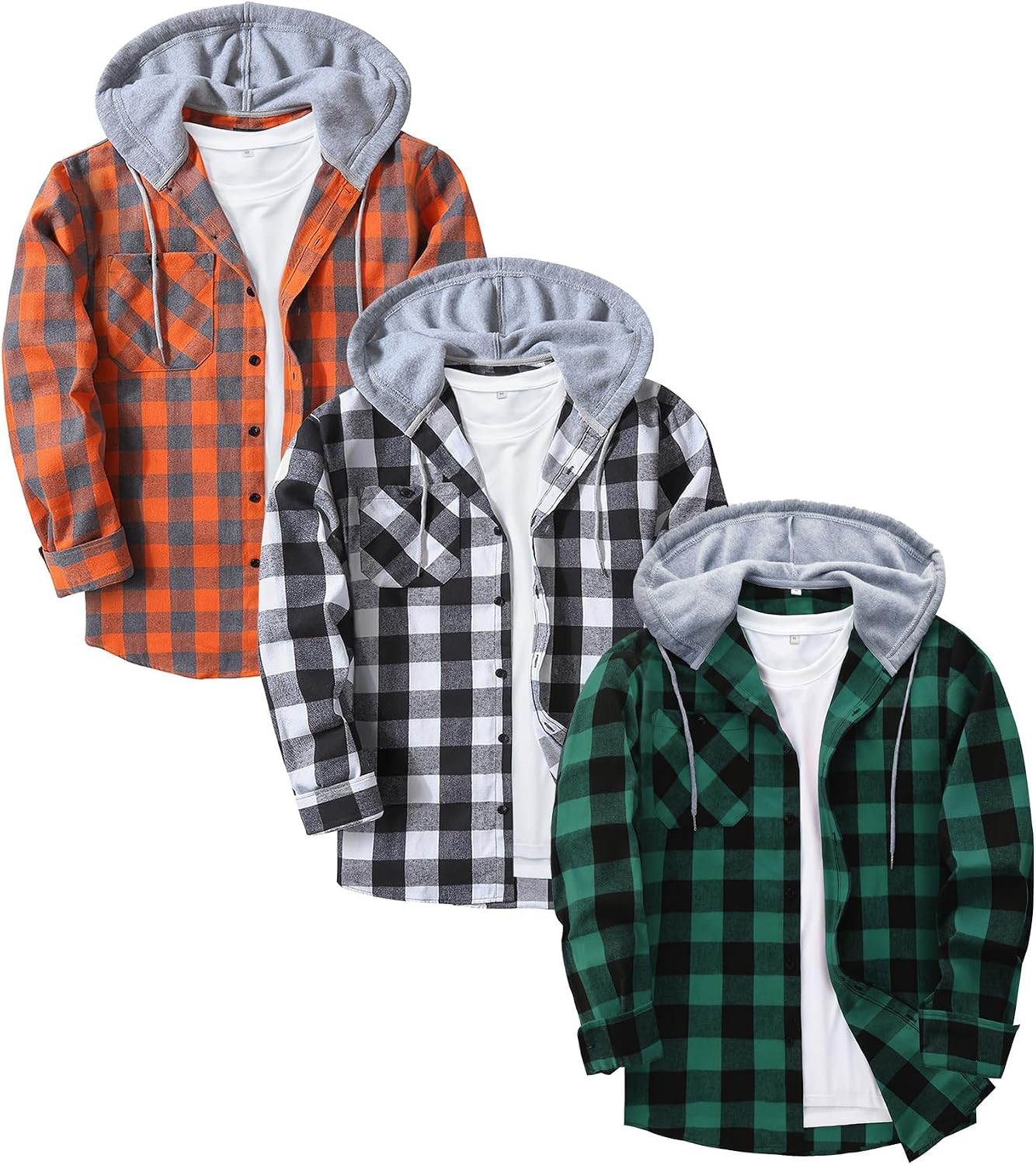 Men's Plaid Flannel Hooded Shirt 3-Pack - Long Sleeve Button Down Tops with Chest Pocket for Cold Weather Work - Blackre