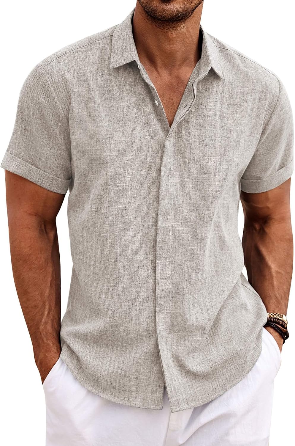 Men's Linen Blend Short Sleeve Shirt - Button Down Casual Fit, Lightweight and Breathable for Summer Beach Weddings - Sm