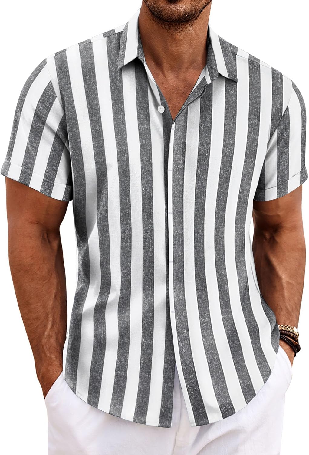 Men's Linen Blend Short Sleeve Shirt - Button Down Casual Fit, Lightweight and Breathable for Summer Beach Weddings - Sm