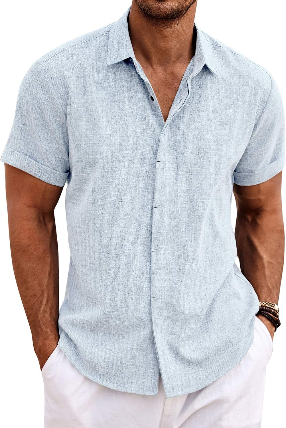 Men's Linen Blend Short Sleeve Shirt - Button Down Casual Fit, Lightweight and Breathable for Summer Beach Weddings - Sm
