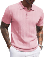 Men's Ribbed Knit Polo Shirt - Short Sleeve Textured Collared Top, Lightweight for Golf and Casual Evenings - Black