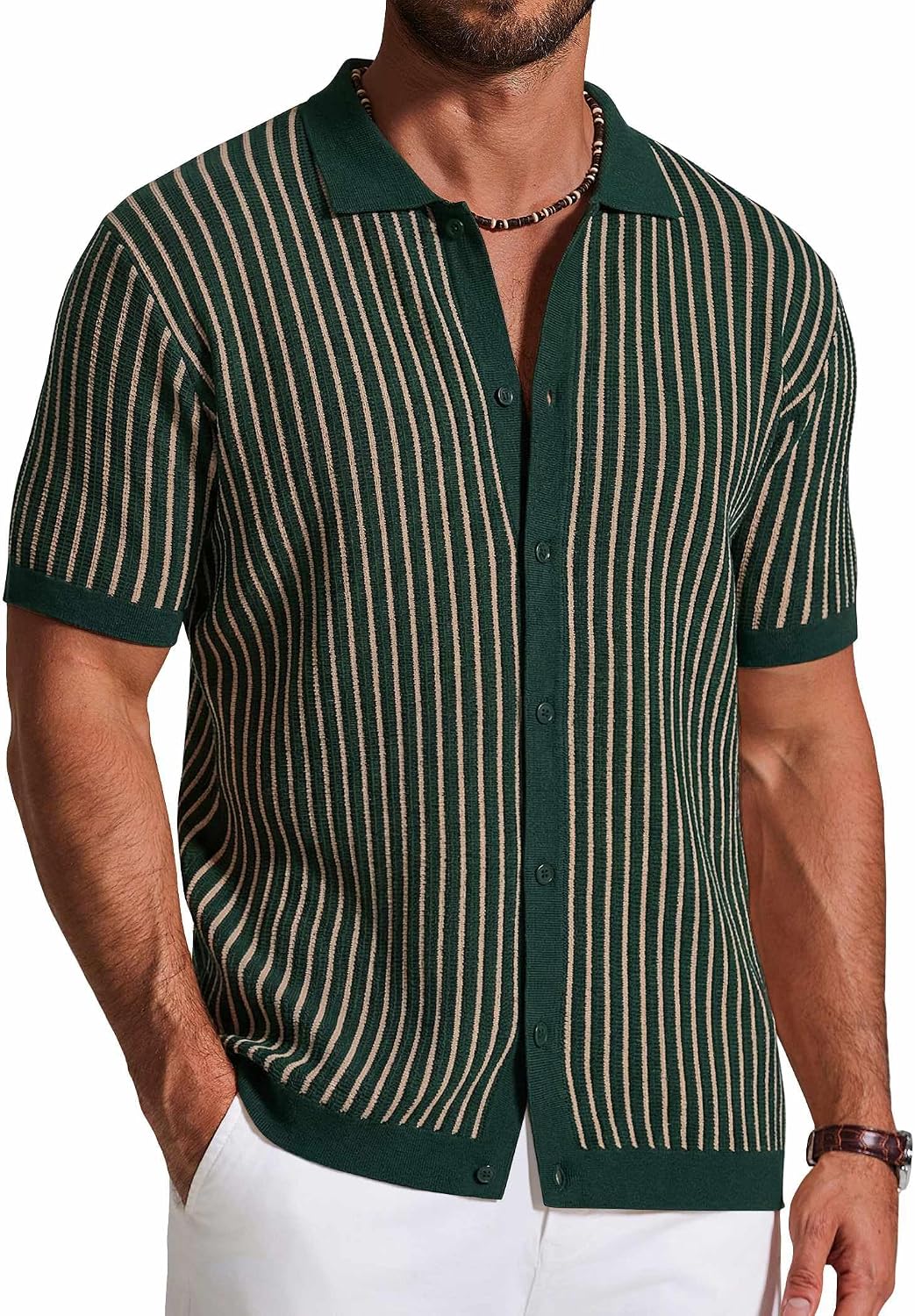 Men's Striped Knit Button Down Shirt - Short Sleeve Vintage Polo Style Top for Casual Summer Evenings - Small