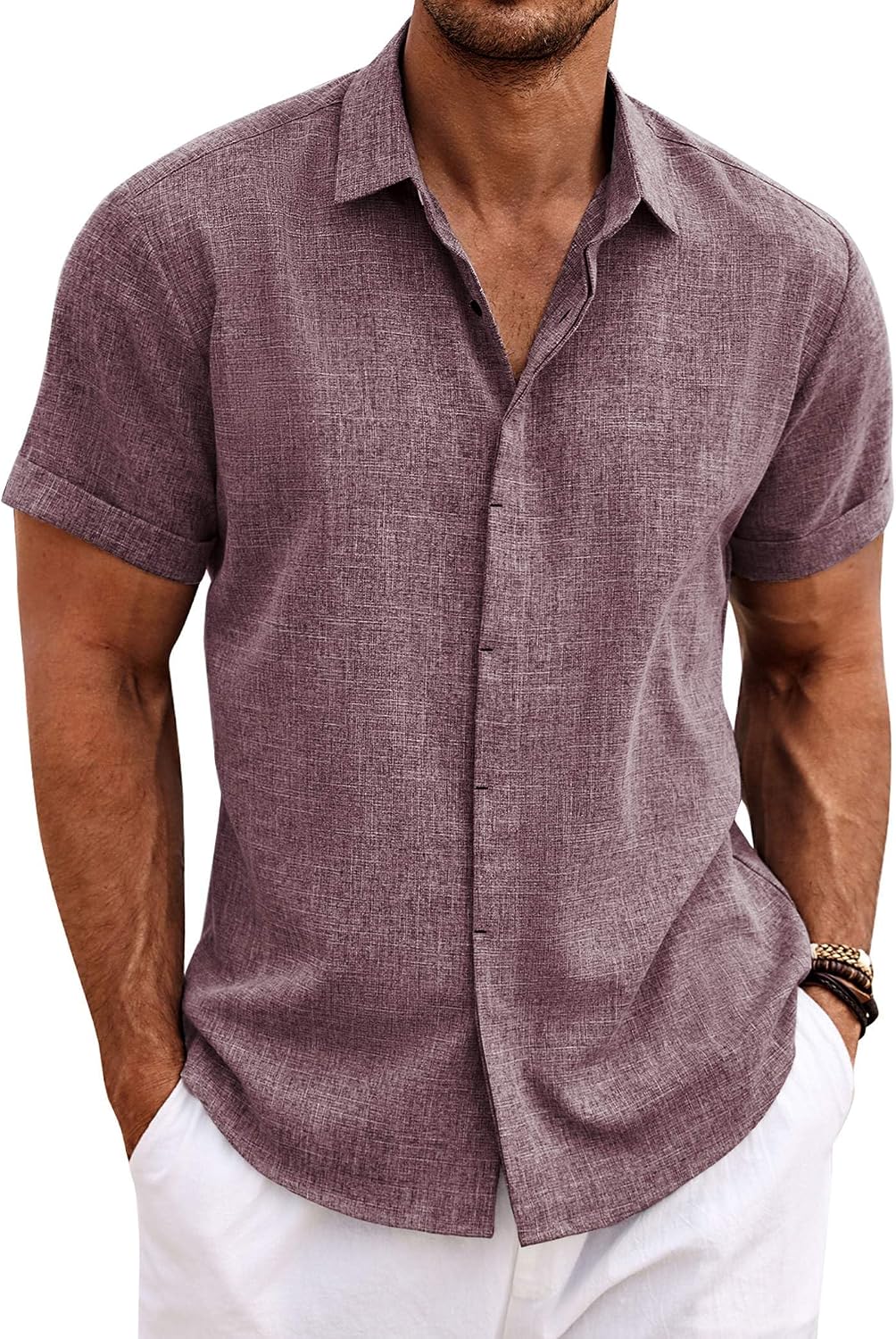 Men's Linen Blend Short Sleeve Shirt - Button Down Casual Fit, Lightweight and Breathable for Summer Beach Weddings - Sm