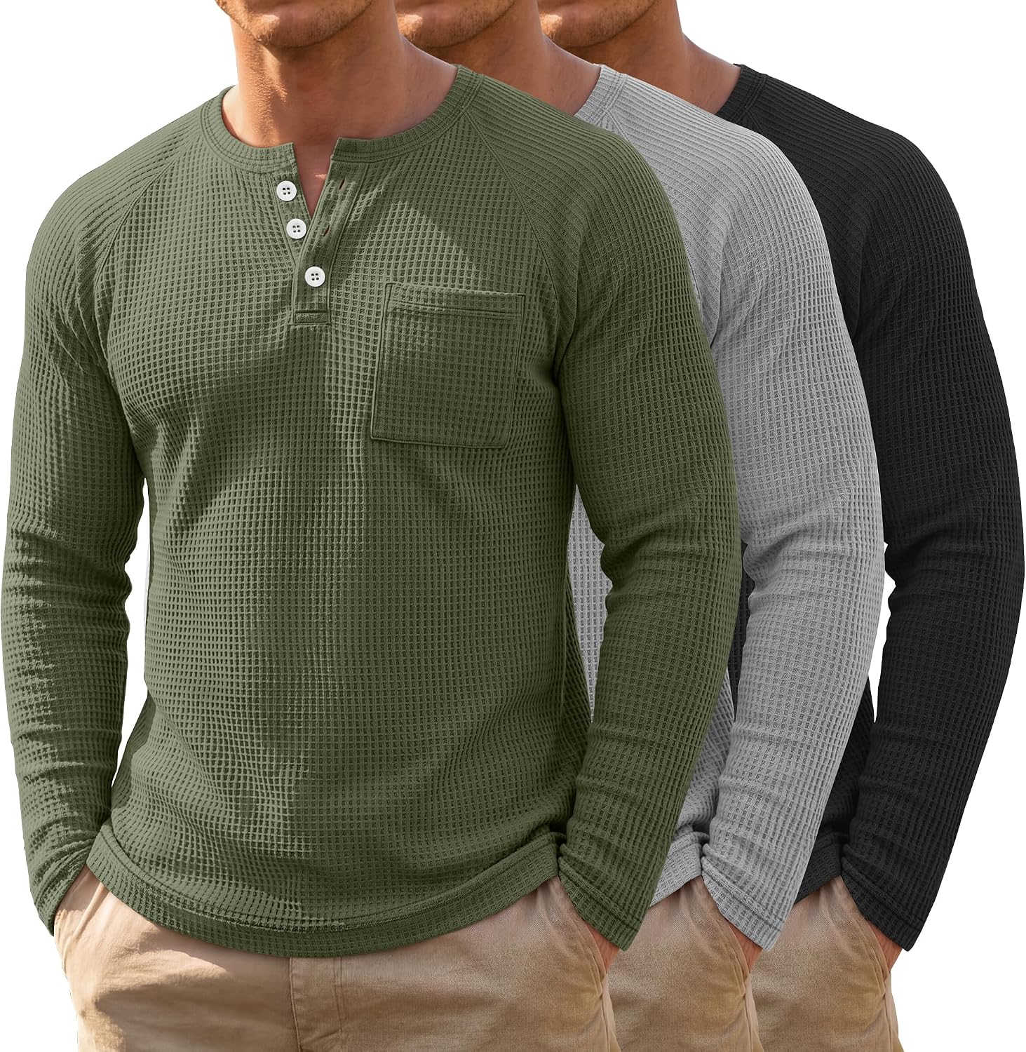 Men's Waffle Knit Henley 3-Pack - Long Sleeve Slim Fit Pullover Shirts with Raglan Sleeves and a Chest Pocket - Small