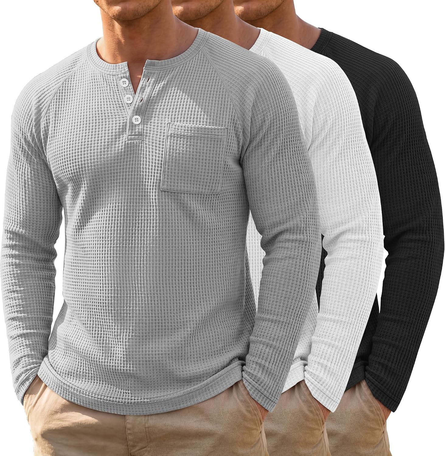 Men's Waffle Knit Henley 3-Pack - Long Sleeve Slim Fit Pullover Shirts with Raglan Sleeves and a Chest Pocket - Medium
