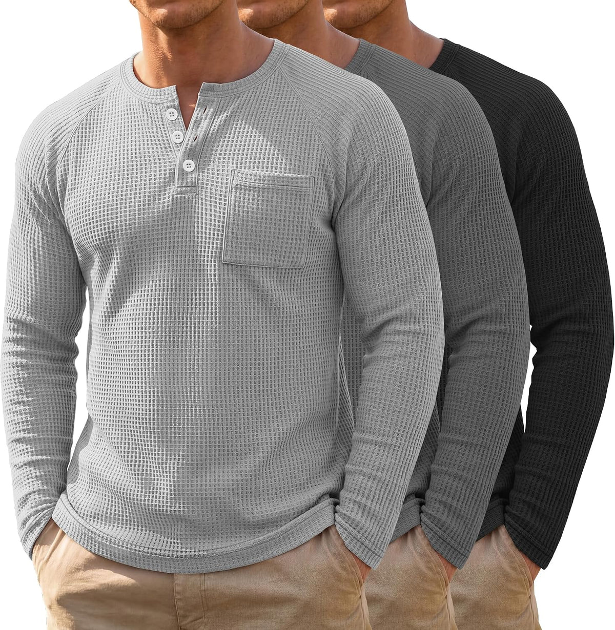 Men's Waffle Knit Henley 3-Pack - Long Sleeve Slim Fit Pullover Shirts with Raglan Sleeves and a Chest Pocket - Small