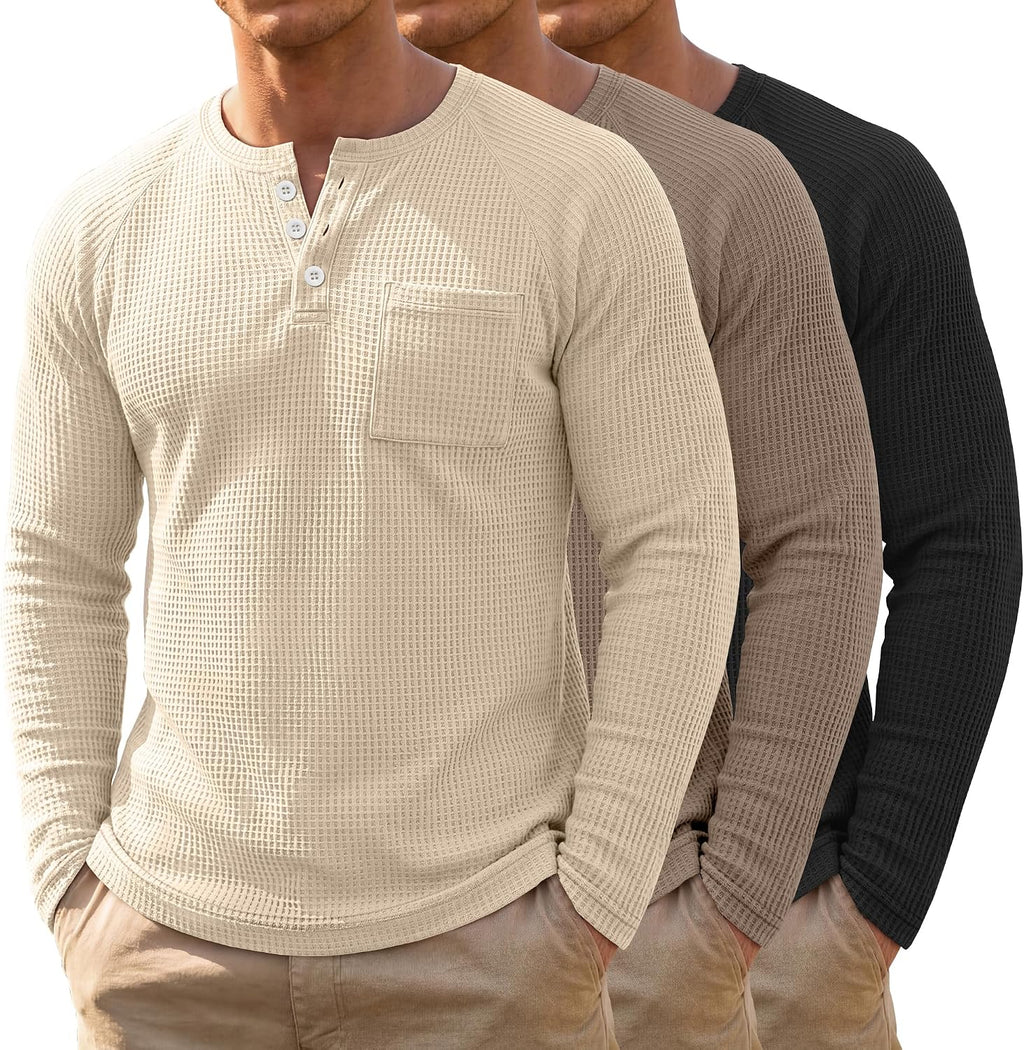 Men's Waffle Knit Henley 3-Pack - Long Sleeve Slim Fit Pullover Shirts with Raglan Sleeves and a Chest Pocket - Small