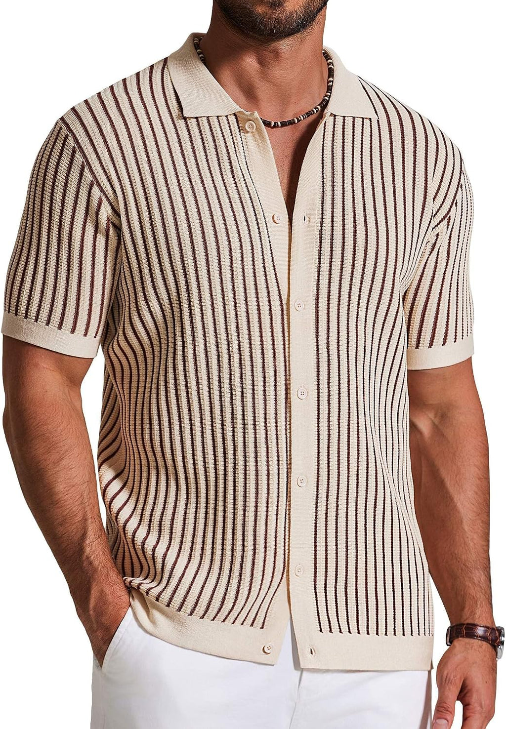 Men's Striped Knit Button Down Shirt - Short Sleeve Vintage Polo Style Top for Casual Summer Evenings - Small