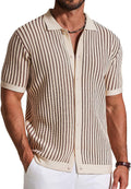 Men's Striped Knit Button Down Shirt - Short Sleeve Vintage Polo Style Top for Casual Summer Evenings - Small