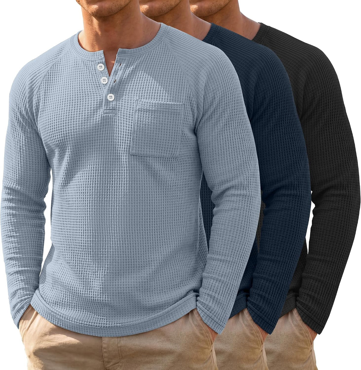 Men's Waffle Knit Henley 3-Pack - Long Sleeve Slim Fit Pullover Shirts with Raglan Sleeves and a Chest Pocket - Medium