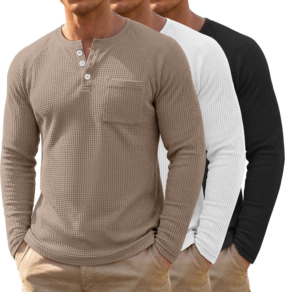 Men's Waffle Knit Henley 3-Pack - Long Sleeve Slim Fit Pullover Shirts with Raglan Sleeves and a Chest Pocket - Small