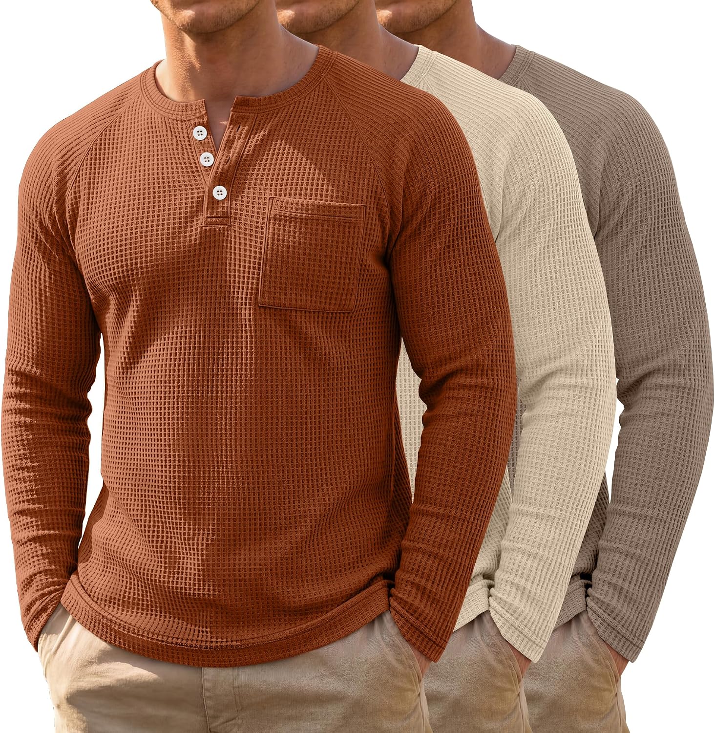 Men's Waffle Knit Henley 3-Pack - Long Sleeve Slim Fit Pullover Shirts with Raglan Sleeves and a Chest Pocket - Small